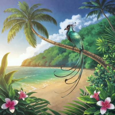 The primary subject of the image is a blue and green bird perched on a branch. The bird is surrounded by a lush tropical environment, with a beach and palm trees visible in the background. The visual style of the image is a digital art or illustration, creating a vibrant and colorful scene. The colors and mood of the image are lively and cheerful, with the bird and its surroundings exuding a sense of tranquility and beauty.